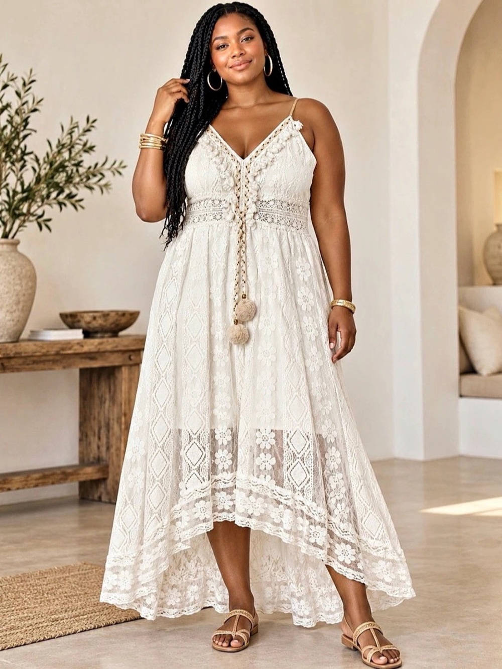 Ivory Crochet Lace High-Low Maxi Dress Tassel Detail M/L